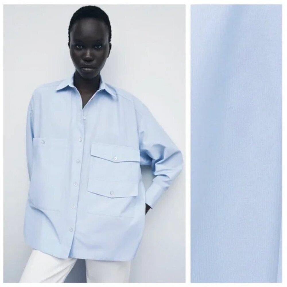 Zara Light Blue Multi-Pockets Collared Shirt Size M NWT